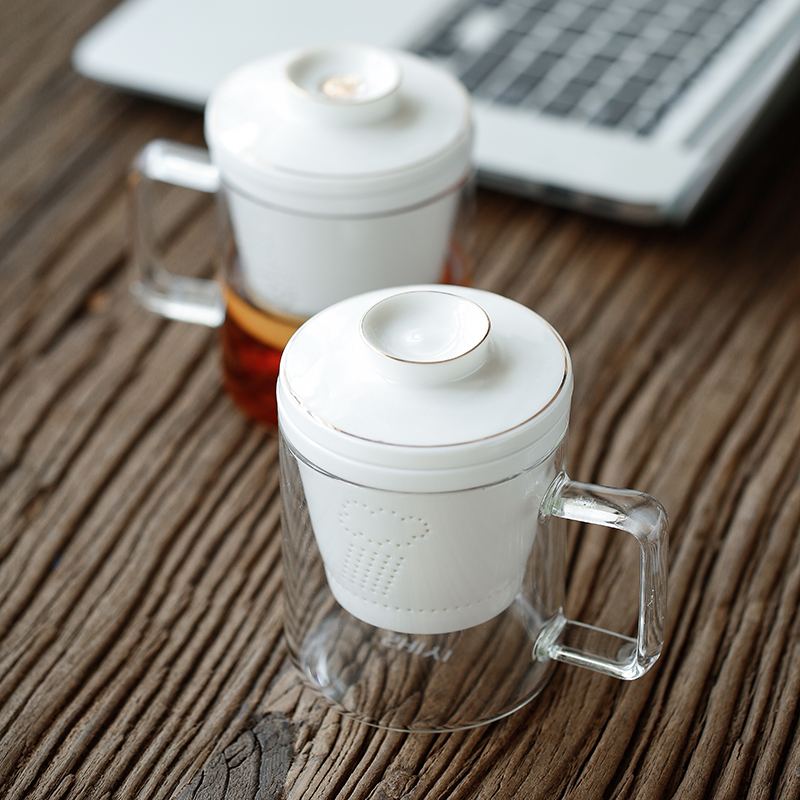 Tang's white porcelain ceramic cups with cover household couples filtering office glass tea cup of tea