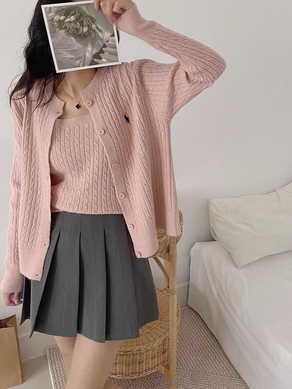Korean Style Knitted Cardigan Two-Piece Suit for Women, Versatile and Lazy Style, Twist Knit Sweater Jacket, New Autumn Style