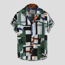 Men Print Shirt Casual Baggy Beach Hawaiian Blouse Short Sle