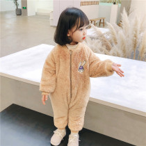 Childrens conjoined pajamas autumn and winter coral velvet and thickened girl flannel home clothing baby kicking outside
