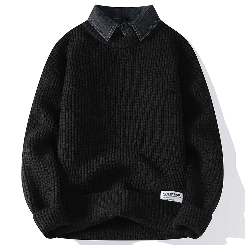 Men's Winter Sweater with Shirt Collar, Fake Two-Piece Knitwear, Inner Layer Base Shirt, High-End Warm Knitwear for Teenagers