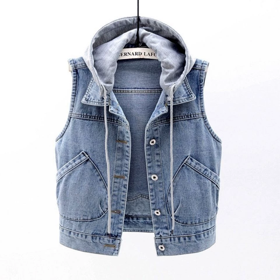 Áo khoác denim của phụ nữ ngắn 2021 mùa xuân mới có mũ trùm đầu túi lớn không tay áo khoác tất cả các kết hợp áo nịt len ​​mỏng trên cùng - Áo vest