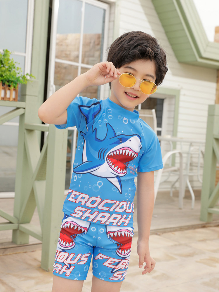 New children's swimsuit boy middle child student infant cartoon shark two-piece short-sleeved quick-drying swimming suit