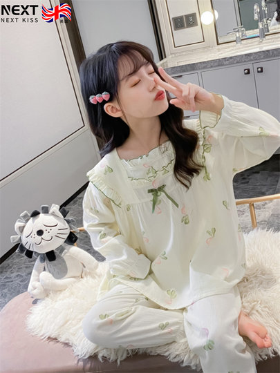 Korean Uamtor Kidsren's Pajamas Long-Sleeved Autum Pure Cotton Little Girls' Middle and Large Kidsren's Cotton Home Clothes Set