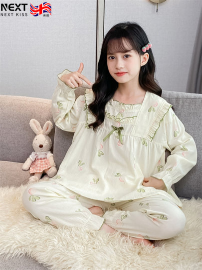Korean Uamtor Kidsren's Pajamas Long-Sleeved Autum Pure Cotton Little Girls' Middle and Large Kidsren's Cotton Home Clothes Set