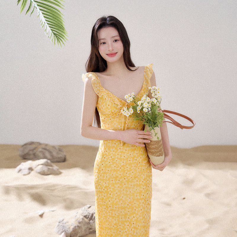 Insliisa Yellow Floral Dress Vacation Style Summer New Elegant Spaghetti Strap Seaside Waist-Cinching Beach Dress