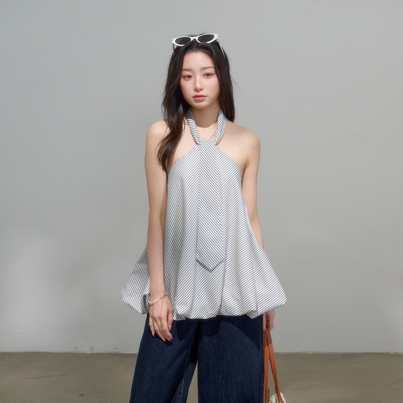Insliisa Halter Neck Black and White Striped Tube Top Floral Crop Top for Women Casual Versatile Korean Style Summer Sleeveless Loose Fit