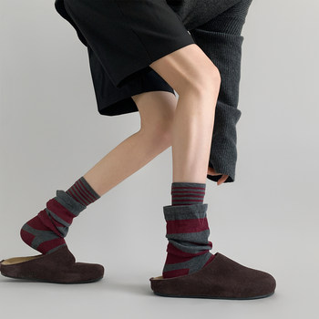 Early Autumn Outfit: Niche Double-Layered Layered Wear with a High-End Feel, Lazy Striped Color-Blocking Retro Fake Two-Piece Stacked Socks, Mid-Calf Socks
