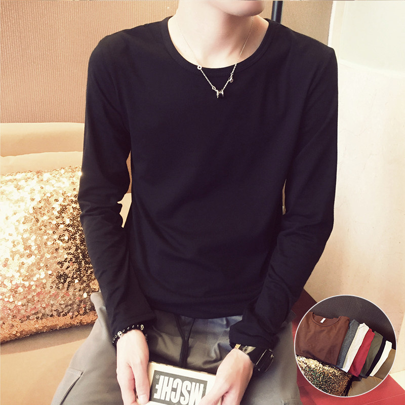 TIM呆呆2017秋季新款长袖T恤纯色圆领打底衫修身秋衣青年男装小衫