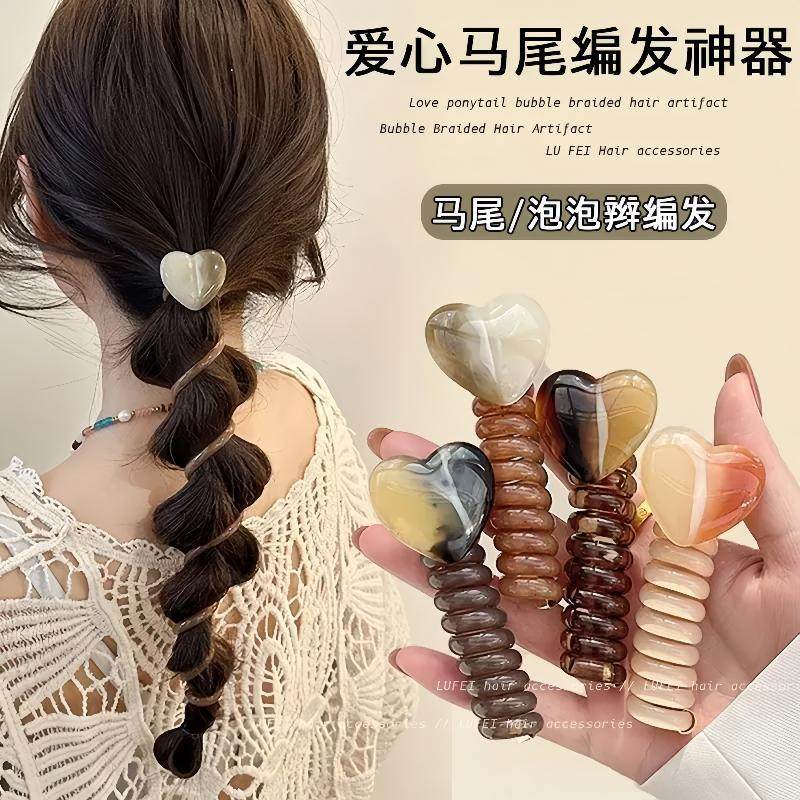 日系简约泡泡辫头绳女2024新款高级感爱心电话线发圈马尾编发神器