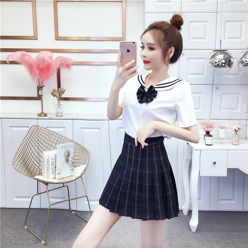 VK旗艦店 韓系蝴蝶結海軍領修身百褶裙套裝短袖裙裝