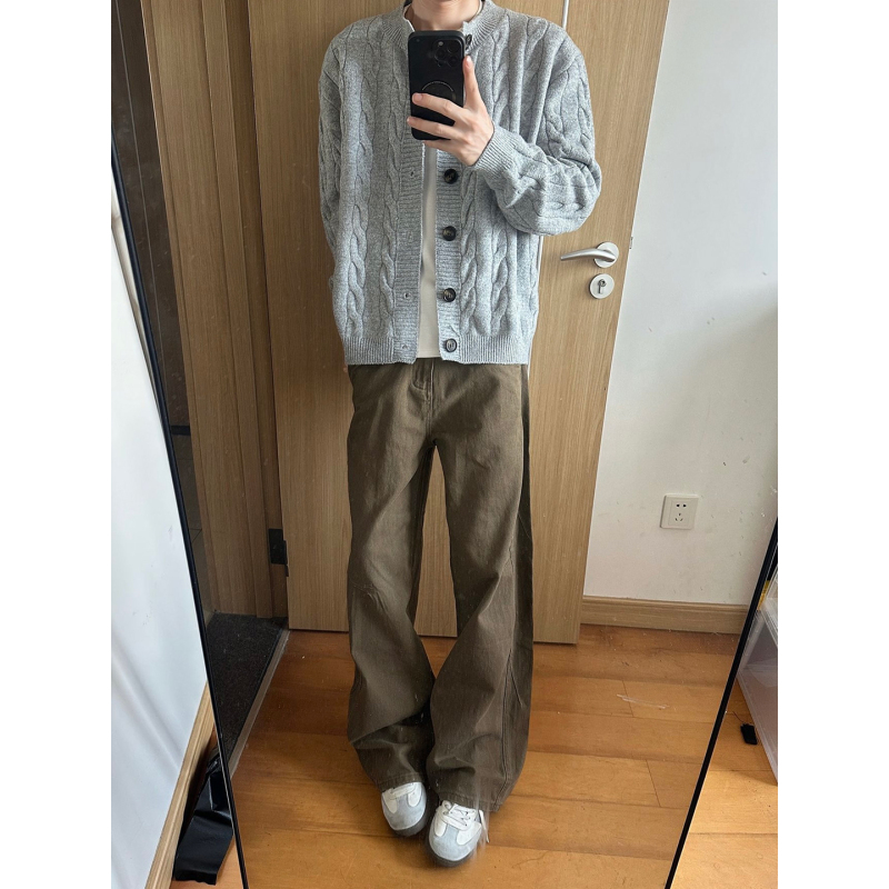 Men's Brown Curved-Leg Pants, Autumn Washed Pure Cotton Work Pants, American Cleanfit Slightly Flared Straight-Leg Pants Men's Brown Curved-Leg Pants, Autumn Washed Pure Cotton Work Pants, American Cleanfit Slightly Flared Straight-Leg Pants