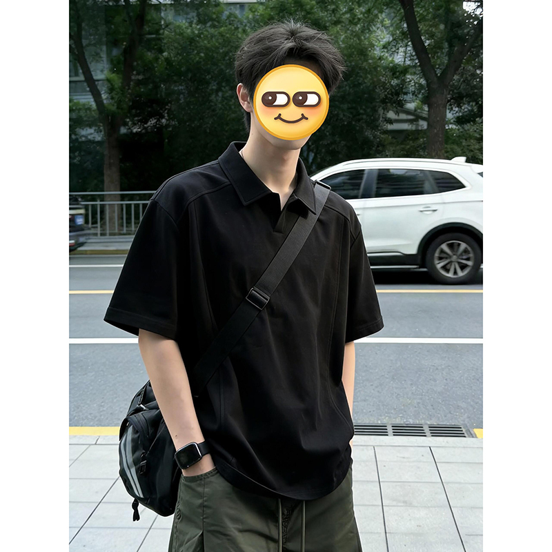 Black Cleanfit Regular Shoulder T-Shirt for Men, Summer Heavyweight Short-Sleeve Stiff American-Style Trendy Brand Cool Lapel Polo Shirt