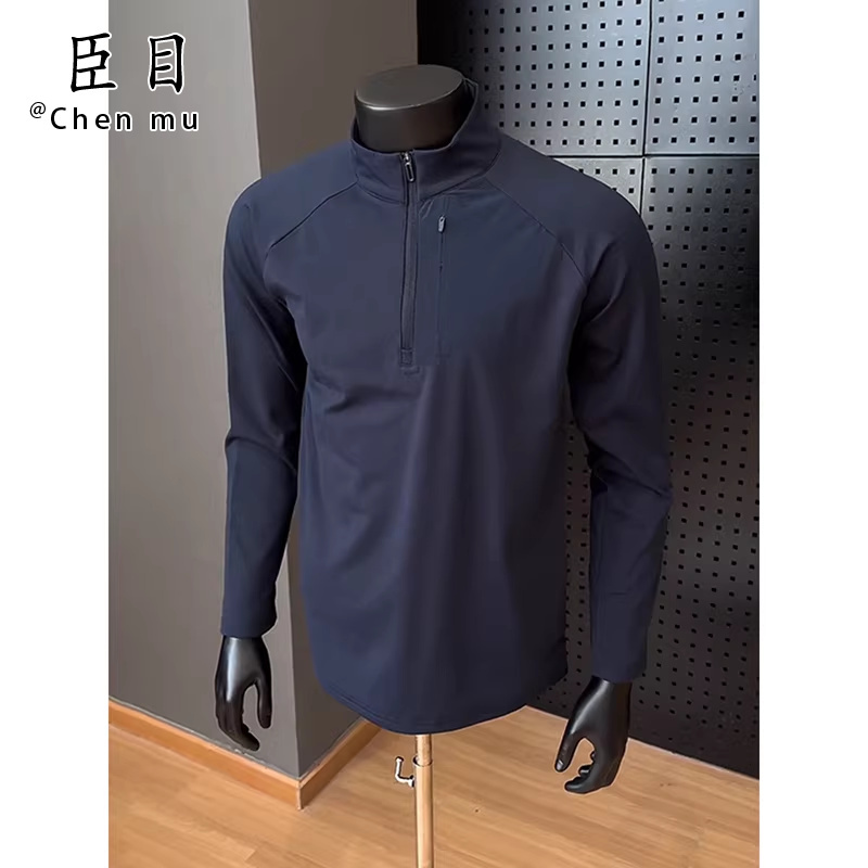 Navy Blue Half-Zip Training Long-Sleeve T-Shirt for Men, Spring Functional Sweatshirt, Outdoor Base Layer, Quick-Drying Sportswear