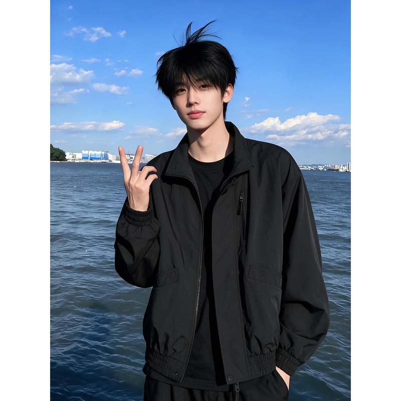 Black American-Style Stand-Collar Flight Jacket for Men, Autumn High-End Cool Workwear Jacket, Short Three-Proof Windbreaker