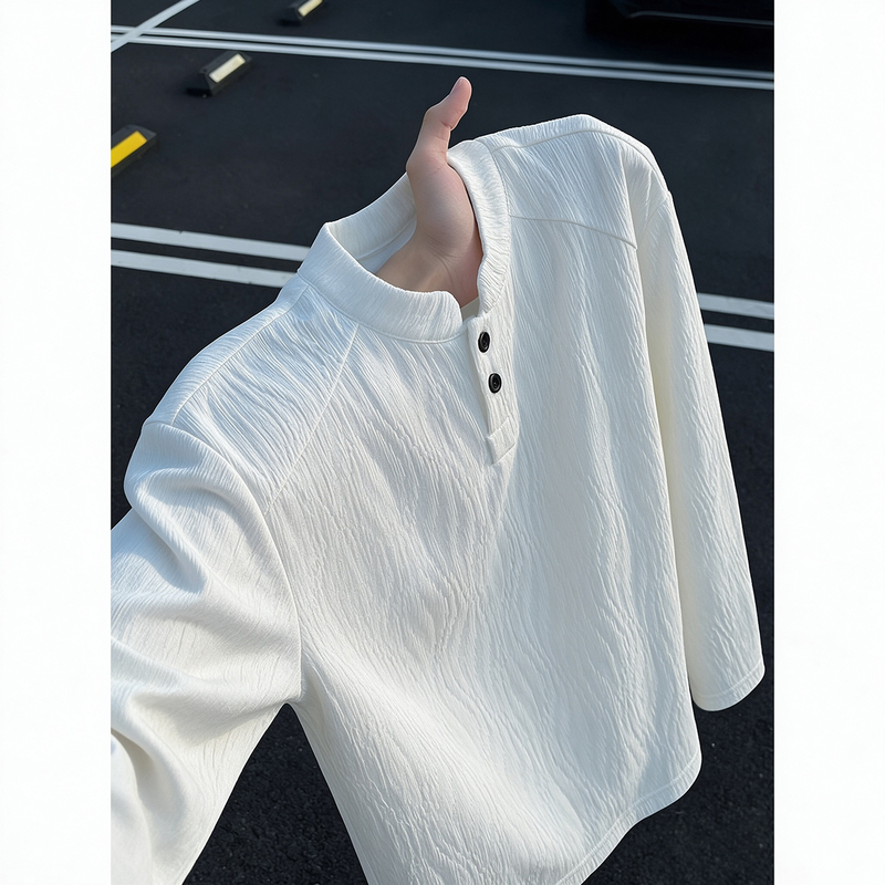 White Regular Shoulder Henry Collar Sweatshirt for Men, Autumn and Spring Textured Long-Sleeve T-Shirt, Cleanfit American-Style Base Shirt White Regular Shoulder Henry Collar Sweatshirt for Men, Autumn and Spring Textured Long-Sleeve T-Shirt, Cleanfit American-Style Base Shirt