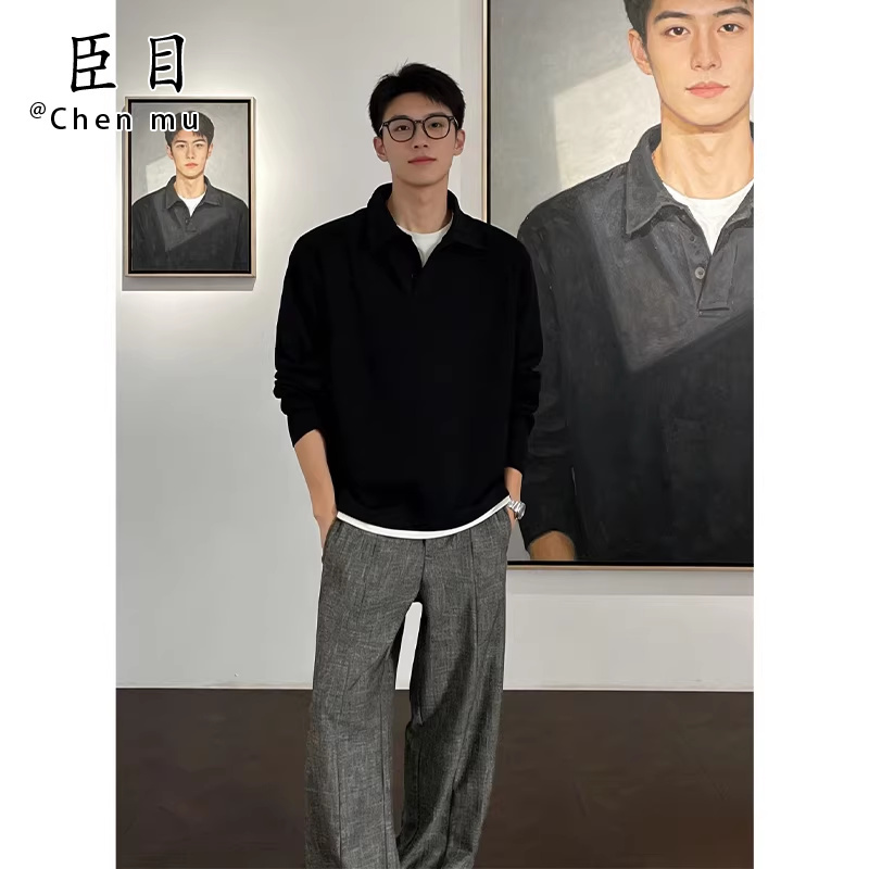 Black Fake Two-Piece V-Neck Sweatshirt for Spring Men's Ootd Outfit, Hoodless Turn-Down Collar Long-Sleeve T-Shirt with a High-End Feel, Polo Shirt