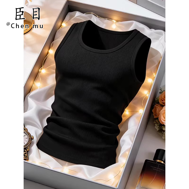 Black Marathon Running Vest for Men, American Style Slim Fit, Muscle-Enhancing Sleeveless T-Shirt, Fitness Sports Vest, Sweatshirt