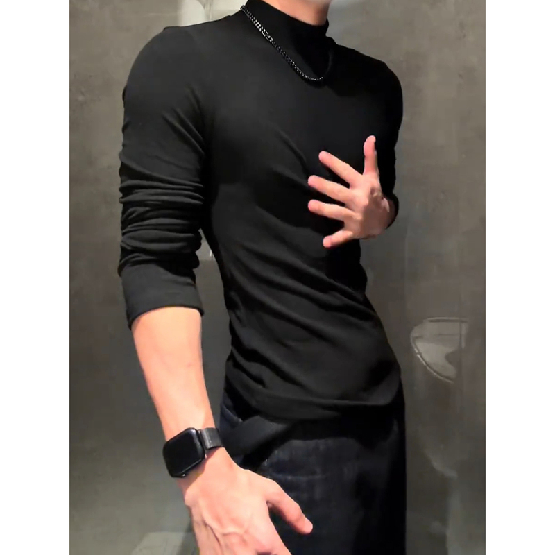 Black High-Neck Long-Sleeve T-Shirt for Men, Autumn Slim-Fit Waist-Cinching Thermal Base Layer, Stylish and Trendy Sweatshirt