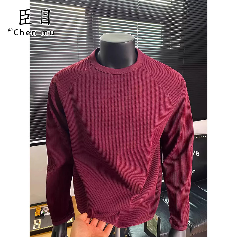 Red-Brown Waffle Knit Crew Neck Sweatshirt for Men, Spring Outdoor Fitness Long-Sleeve T-Shirt, Base Layer Top