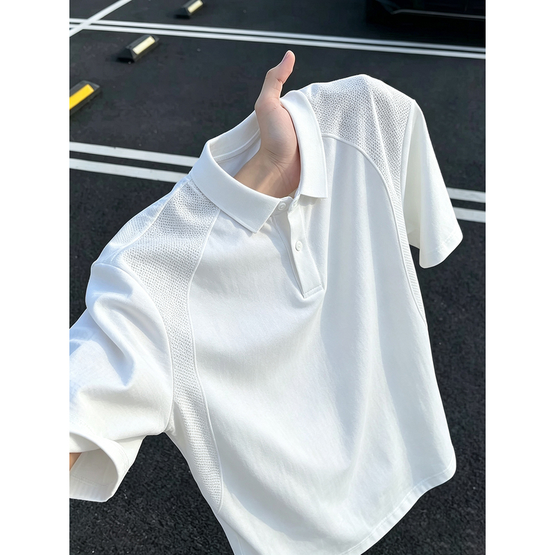 White Mesh Quick-Drying Polo Shirt for Men, Summer High-End Style, Regular Shoulder Short-Sleeve T-Shirt, Ice Silk Breathable and Cool Half-Sleeve White Mesh Quick-Drying Polo Shirt for Men, Summer High-End Style, Regular Shoulder Short-Sleeve T-Shirt, Ice Silk Breathable and Cool Half-Sleeve