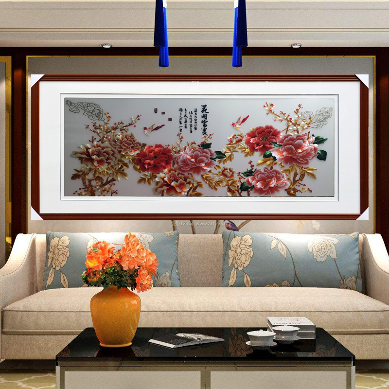 Su Embroidery Framed Finished Product, Silk Base Material, Solid Wood Frame, Golden Peony Painting of Prosperity and Wealth, Living Room Background Wall Decoration