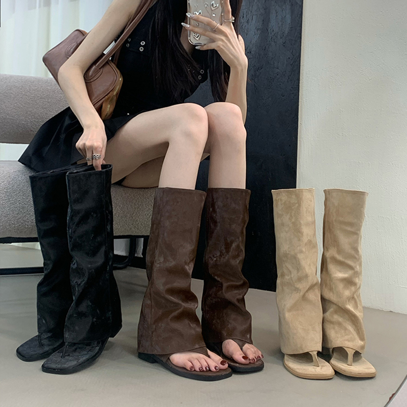Hollow-Out Summer Sandals for Women 2026 New French Style Women's Boots with Hidden Height Increase, Suede Long Boots, Thong-Style Hot Girl Booties