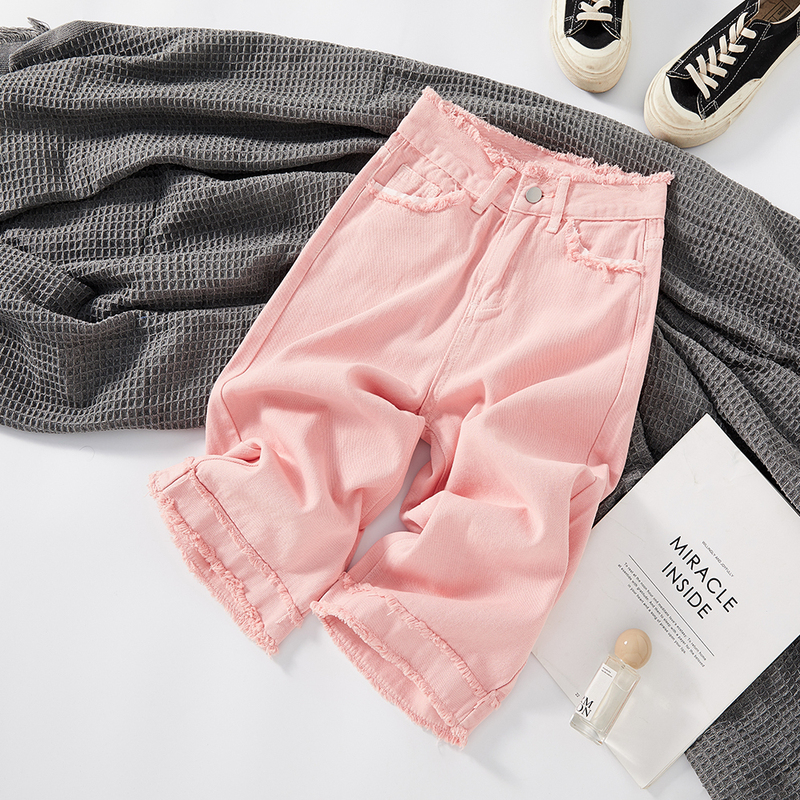 Pink Cropped Jeans for Petite Women, 2026 Summer Thin High-Waisted Slimming Straight-Leg Frayed Wide-Leg Pants