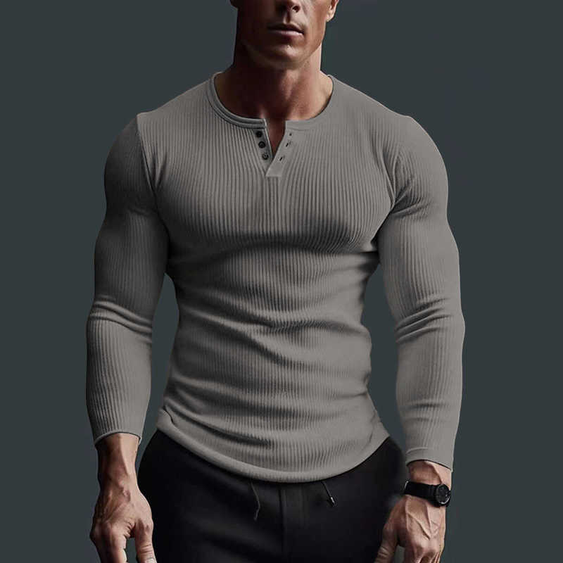 Plus-Size Muscular Men's Fitness Training T-Shirt, Ribbed Tight-Fitting Elastic Slim-Fit Long-Sleeve Sports Henley Shirt