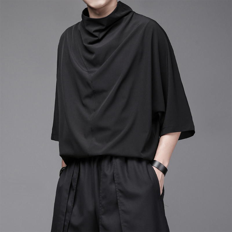 Summer Dark Style Yamamoto-Inspired Loose Fit Unique Simple Design Casual Oversized High-Neck Short-Sleeve T-Shirt for Men Trendy Brand