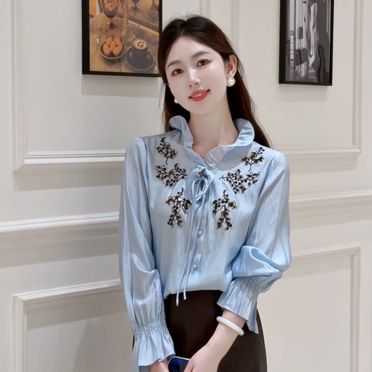 Clear Blue Brocade ~ Heavy Beading and Embroidery, High-End Fashion, Elegant Rayon Shirt with Ruffled Edges and Bow Tie Top Clear Blue Brocade ~ Heavy Beading and Embroidery, High-End Fashion, Elegant Rayon Shirt with Ruffled Edges and Bow Tie Top