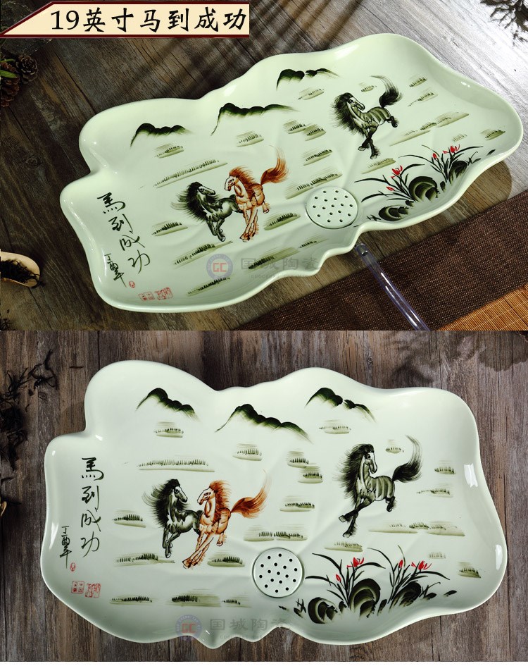 Kung fu tea tray drainage type large congou celadon hand - made lotus home u.s single ceramic tray