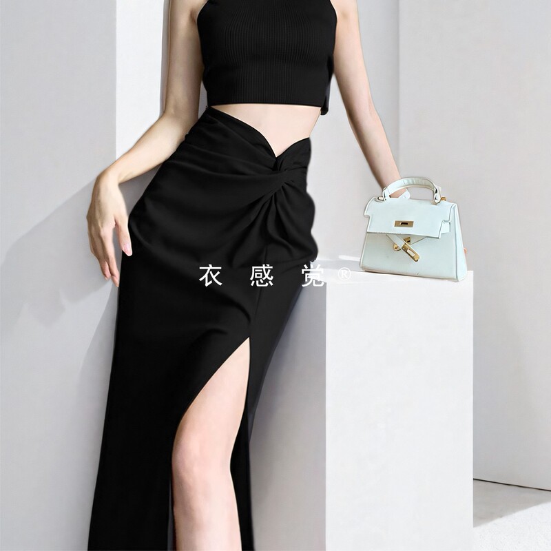 Designed Pleated Acetate Suit-Style Slit Skirt for Women, Summer High-Waisted Slimming Mid-Length Straight Skirt