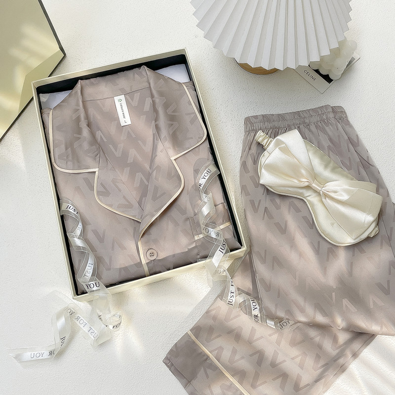 Fenming Summer Ice Silk Pajamas for Men, Spring and Autumn Long Sleeve Gift Box, 2025 New Men's Short Sleeve Long Pants Homewear Set