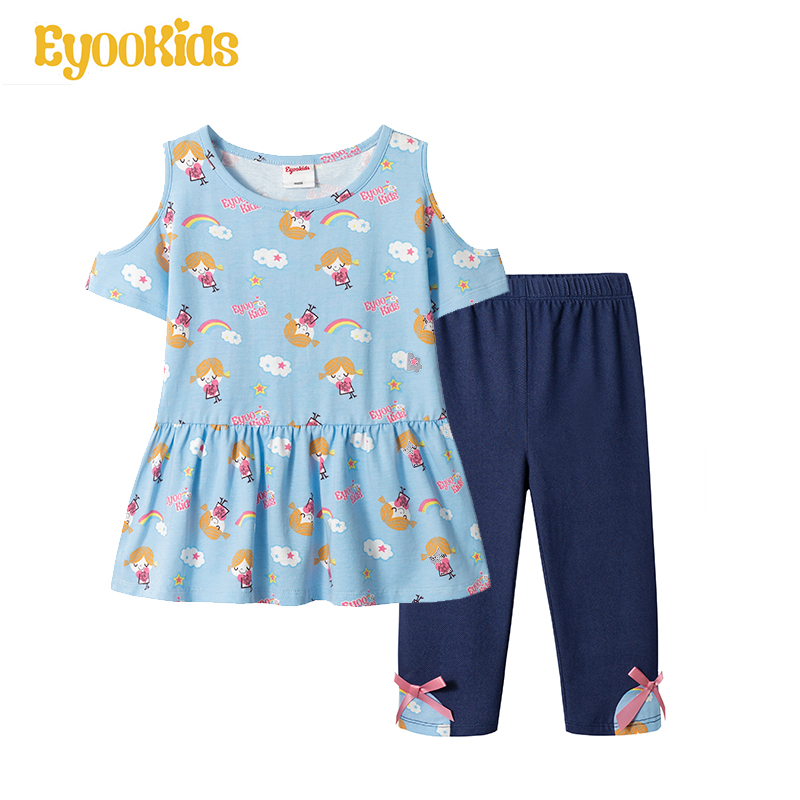 Eyookids cô gái 2020 Summer Outfit mới off-the-vai trẻ em hai mảnh thủy triều ngắn tay xà cạp bộ.