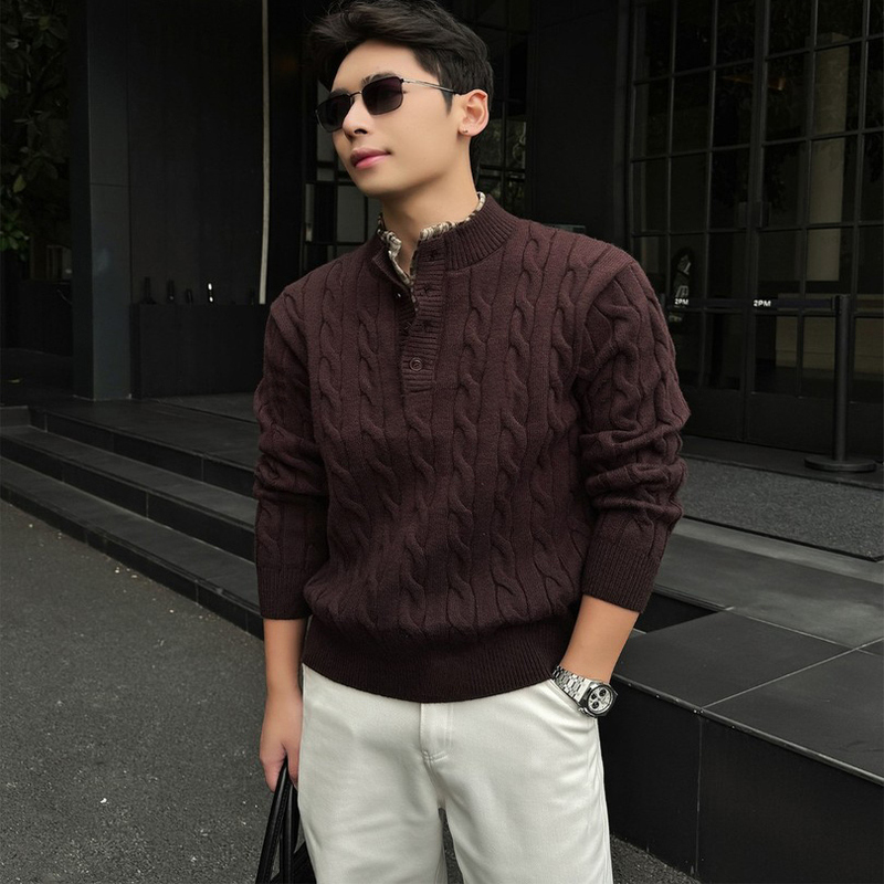 Winter Light Luxury Old Money Style Retro Cable Knit Faux Two-Piece Heavyweight Henley Collar Sweater Knitwear Simple Korean Style for Men