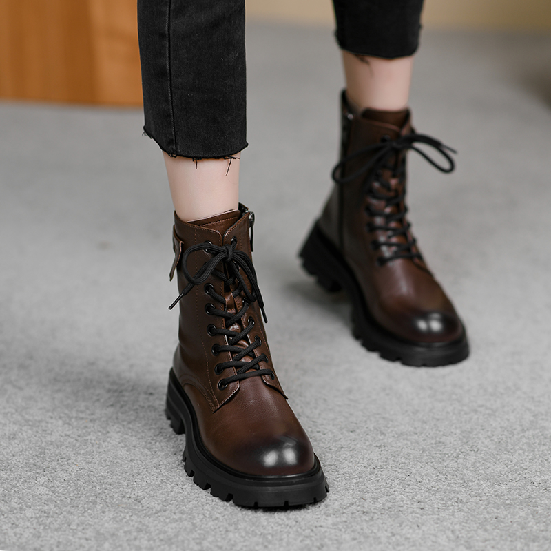 Tisdaini Outer Full Skin ~ Retro Rubbing Martin Boots Woman Side Zipper 2023 Autumn Winter New Middle Heel Short Boots-Taobao