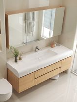 Japanese solid wood bathroom cabinet combination smart bathroom cabinet skin-feel Corian integrated basin bathroom hand wash basin
