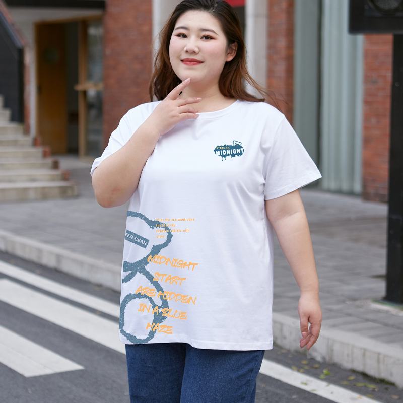 Plus-Size Designer T-Shirt Top for Summer, Short-Sleeved Women's Clothing for Chubby Girls 100kg Loose White Long-Sleeved Korean Style Big Bear Pure Cotton