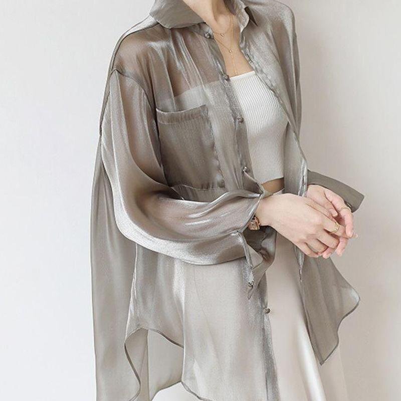 Gray Ice Silk Sun Protection Shirt for Women, Summer Thin Style, Petite Shirt Jacket, Organza Cardigan, Outerwear, Trendy Gray Ice Silk Sun Protection Shirt for Women, Summer Thin Style, Petite Shirt Jacket, Organza Cardigan, Outerwear, Trendy