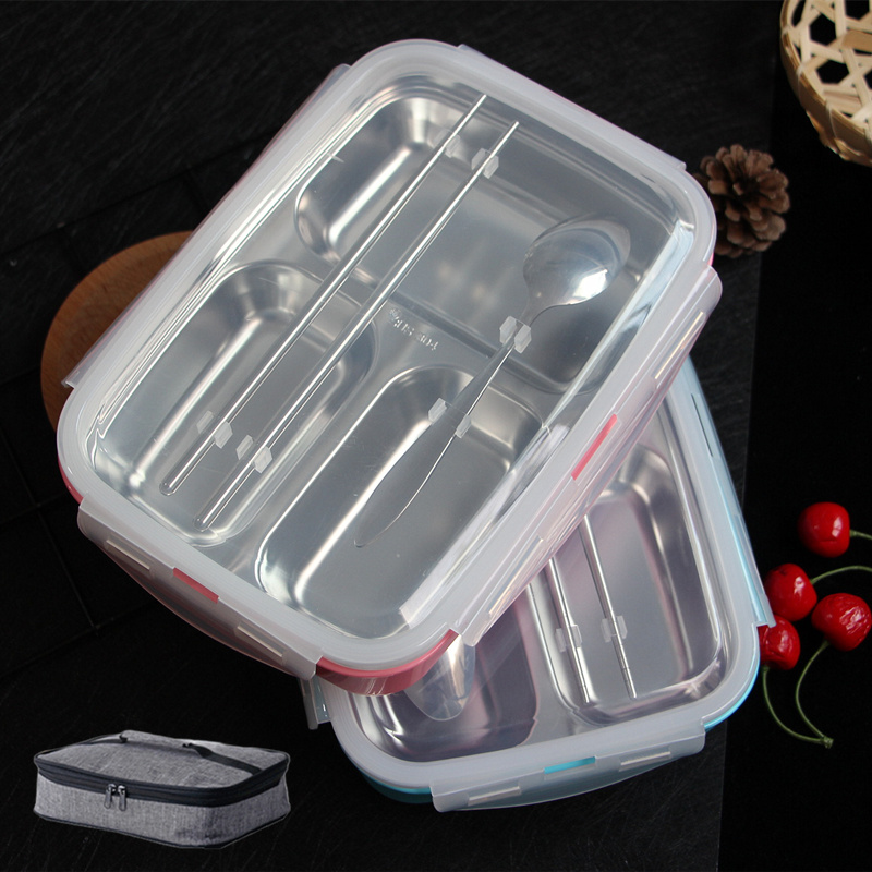 Primary school children's split fast food tray anti-burn seal 304 stainless steel lunchbox lunch box three-four-grid dinner box