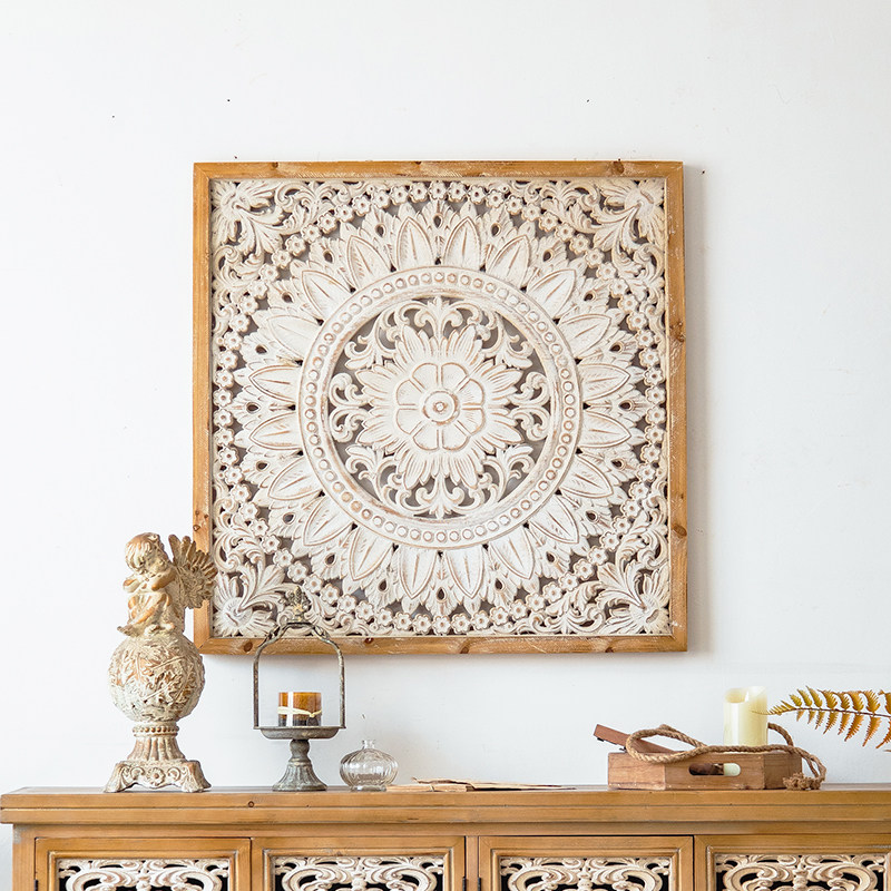 American Retro Wall Decoration Solid Wood Carved Living Room Background Wall Decoration Wall Creative Homestay Bedroom Pendant