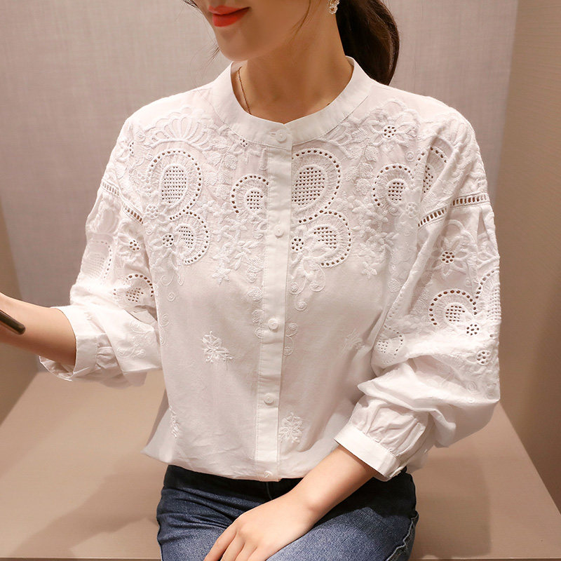 2021 white shirt women's spring and summer new design sense niche tops embroidery hollowed out fashion Western style embroidered shirts
