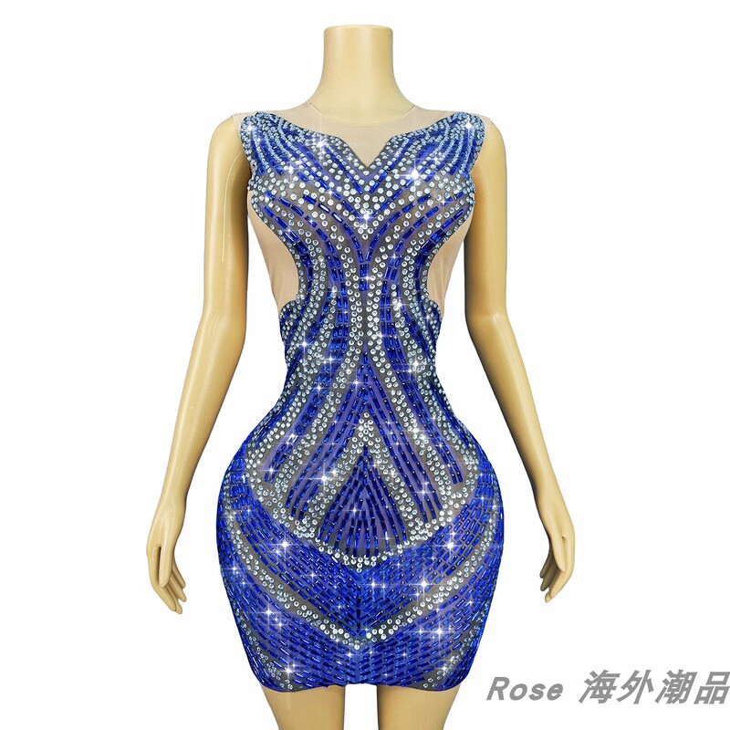 Factory Direct Sale Blue Sparkling Rhinestone Mesh Bodycon Dress for Bar Dj Singer Performance and Special Occasions