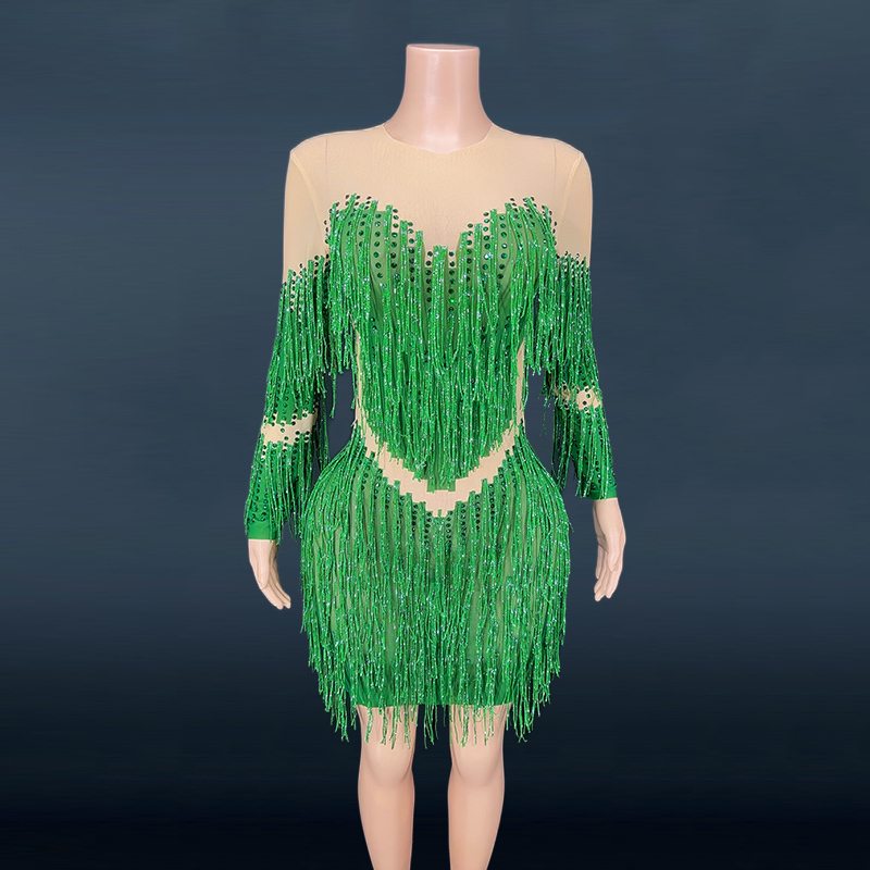Novance Women's Rhinestone Tassel Emerald Green Evening Dress Party Dance Costume Dance Latin Skirt Competition