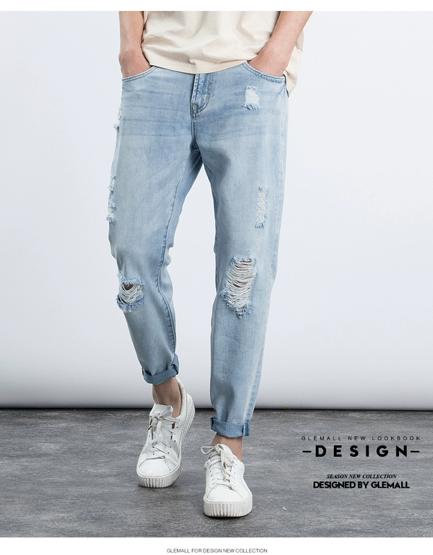 GleMall Tide thương hiệu quần jean nam mùa xuân và mùa hè Quần nam mới thiết kế lỗ mùa hè quần jeans chín điểm - Quần jean quần sooc