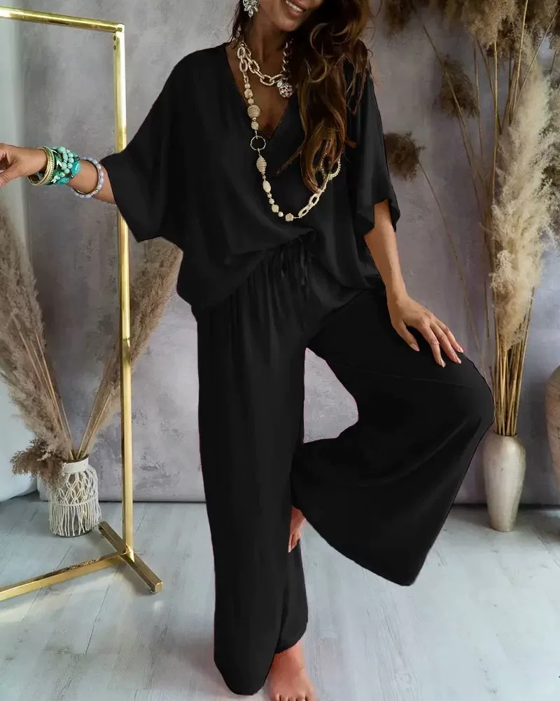 Women's cross-border solid color V-neck loose suit