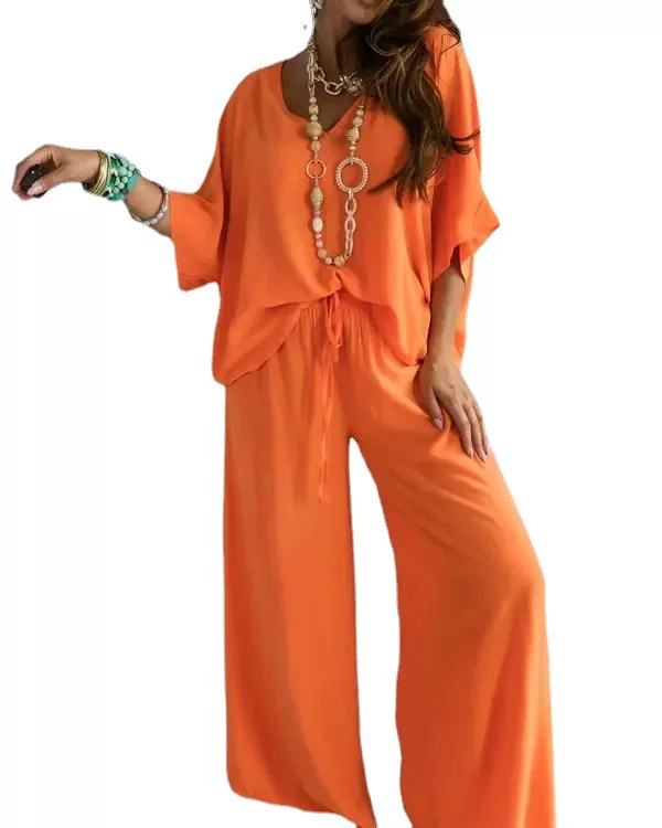 Women's cross-border solid color V-neck loose suit