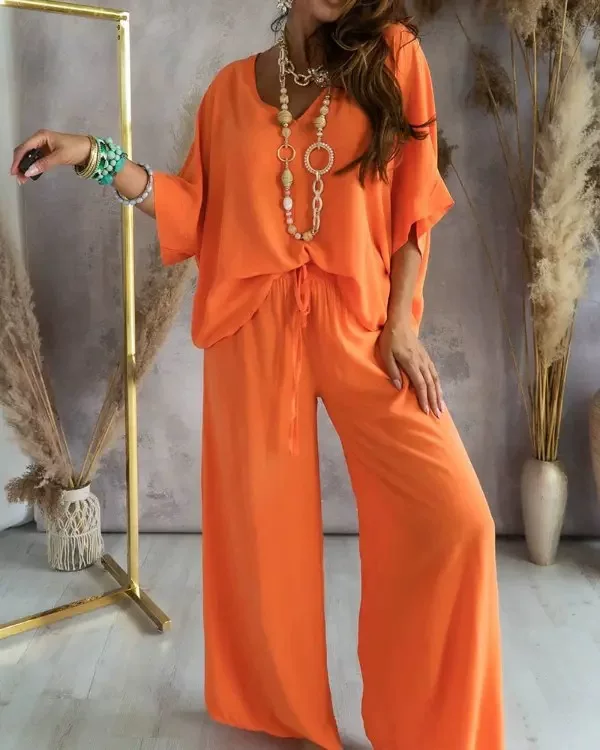 Women's cross-border solid color V-neck loose suit