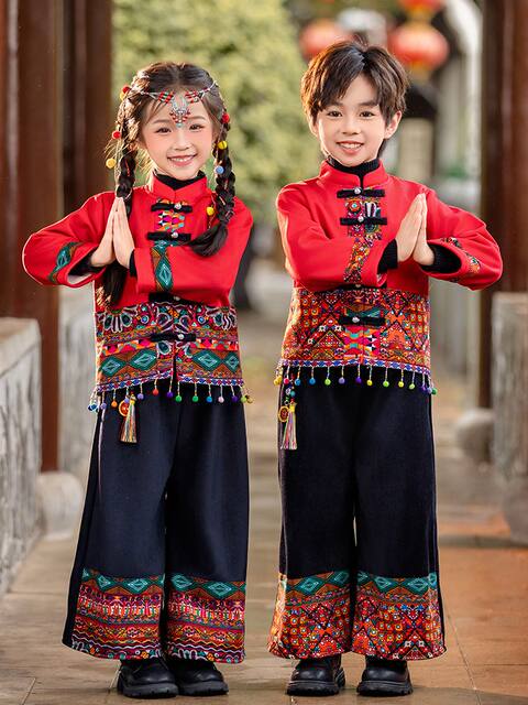 Dai Ethnic Clothing Autumn and Winter Style with Thick Fleece, Ethnic Minority Style Suit for Children, Boys and Girls, Kindergarten New Year's Performance Costume